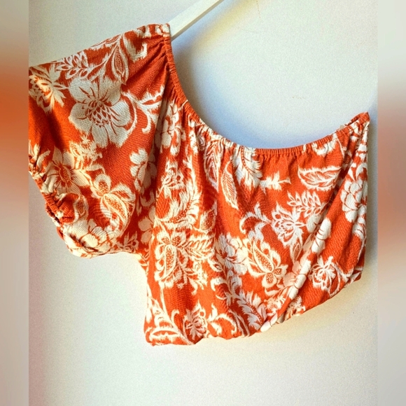 HURLEY Floral ONE Shoulder Top Burnt Orange White Puff Sleeve Size L - Picture 2 of 8